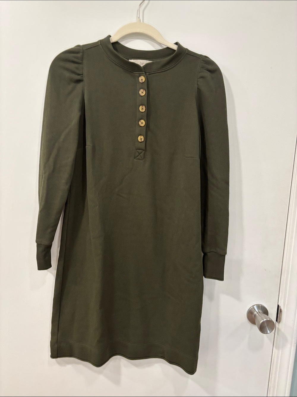 Puff-Sleeve Olive Knit Henley Dress